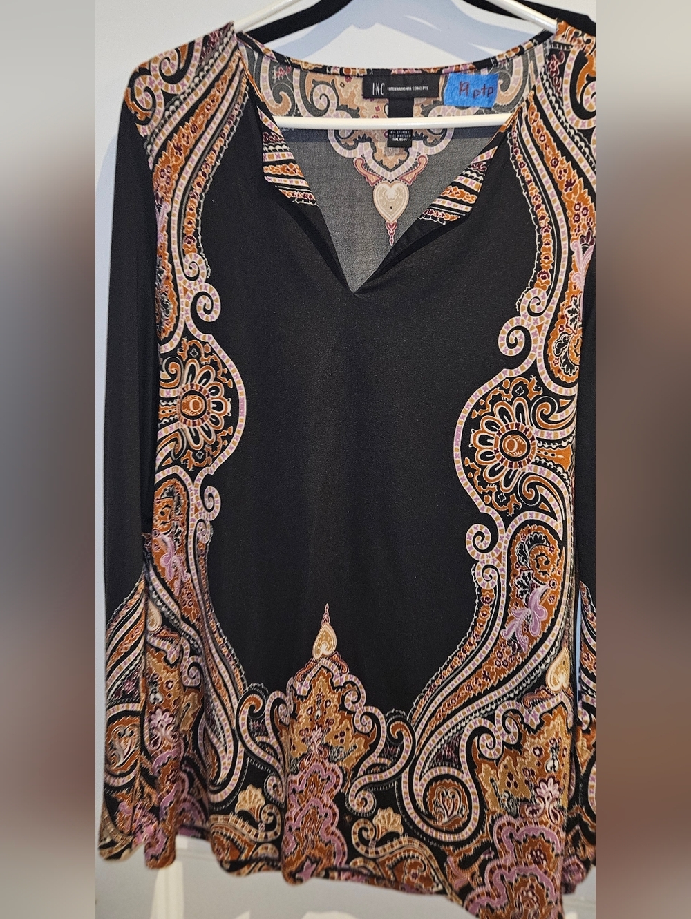 INC International Concepts Black Paisley-Print V-Neck Blouse